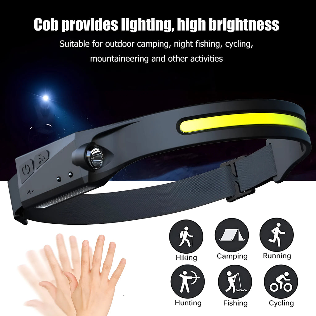 Black silicone USB rechargeable LED headlamp with a wide front light and a side wave sensor for touchless control.