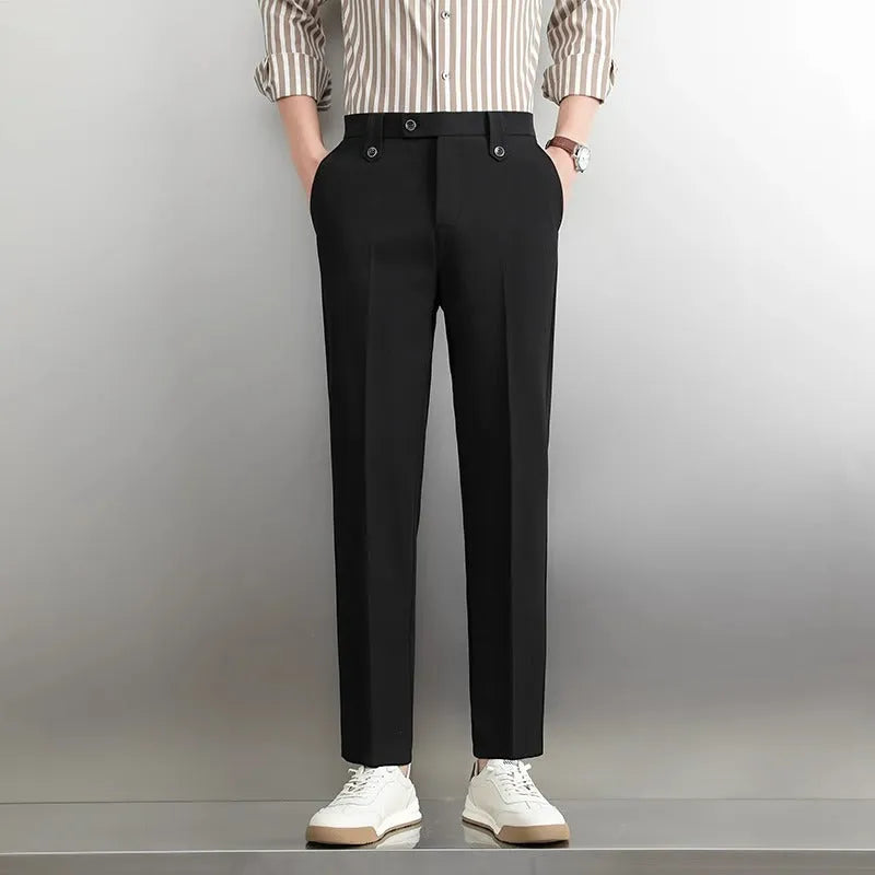 Men's loose straight business trousers in SF28 black elastic polyester fabric, front view
