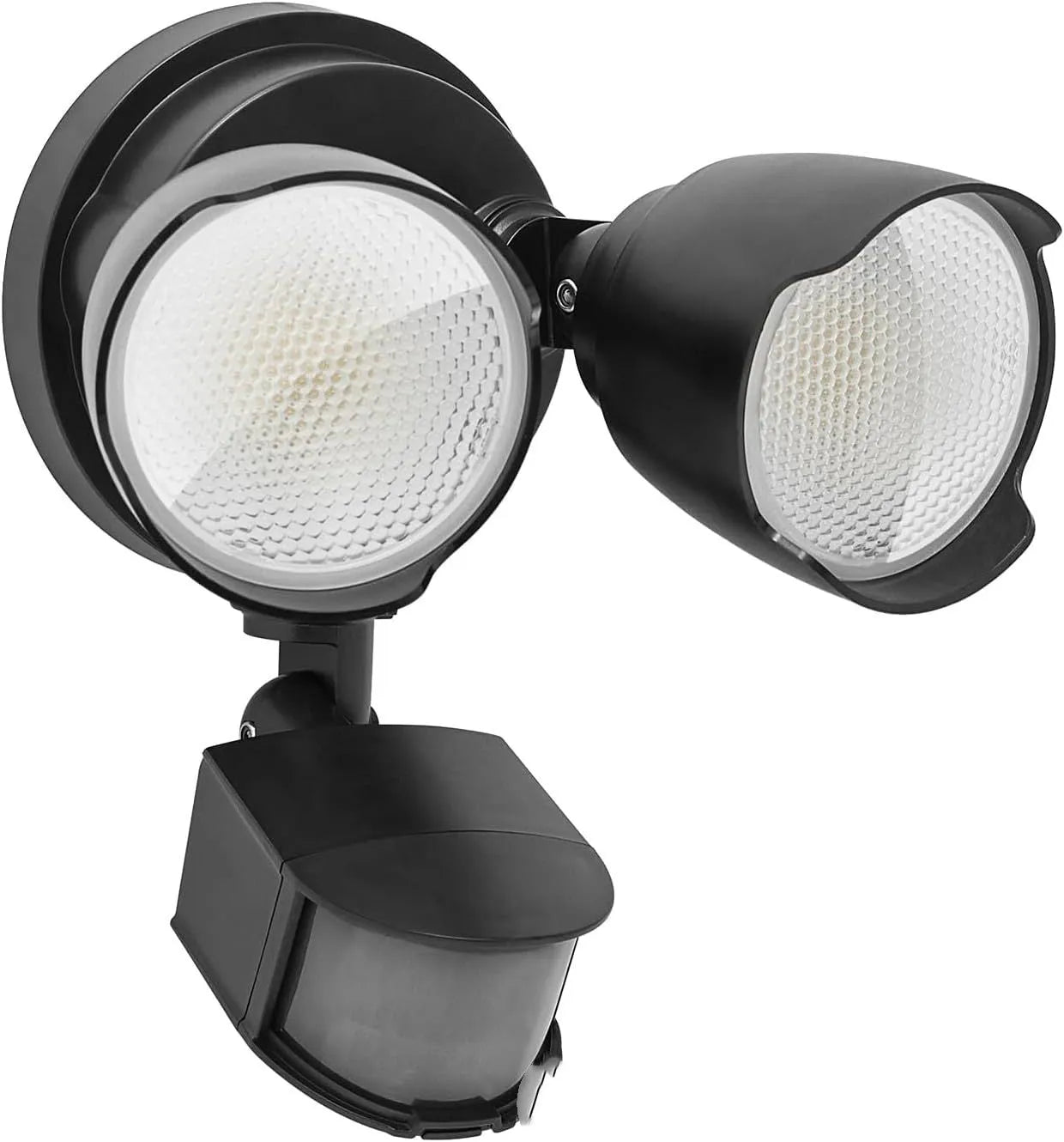 White outdoor LED security flood light with PIR motion sensor mounted on a wall beside a garage door.