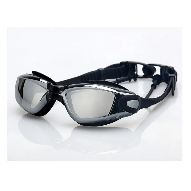 Swimming goggles with HD plating polycarbonate anti-fog lens and silicone seal in black