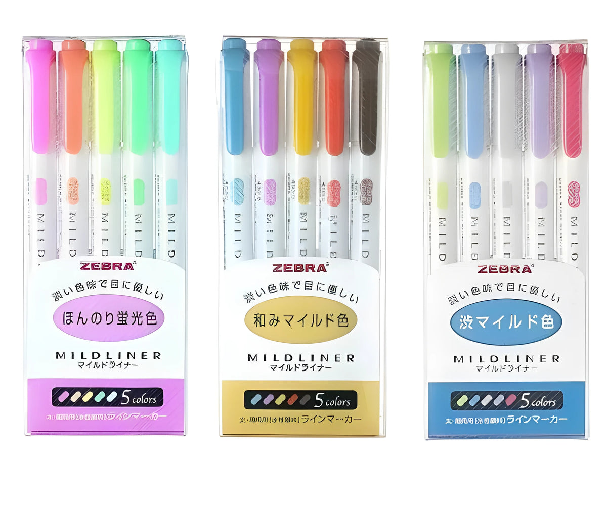 Zebra Mildliner double-sided highlighters, 5-pen set with water-based ink and chisel and bullet tips