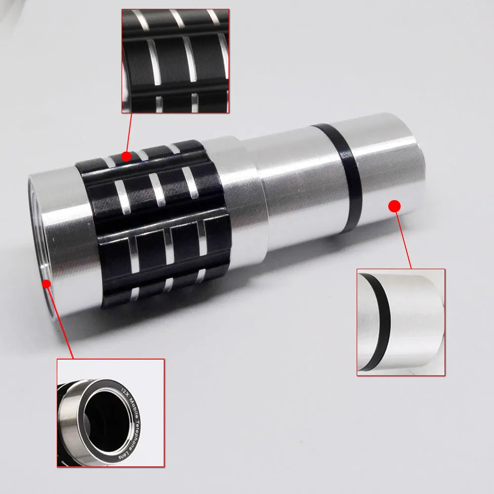 Silver and black telescopic phone lens with a separate metal clip for attachment to a smartphone.