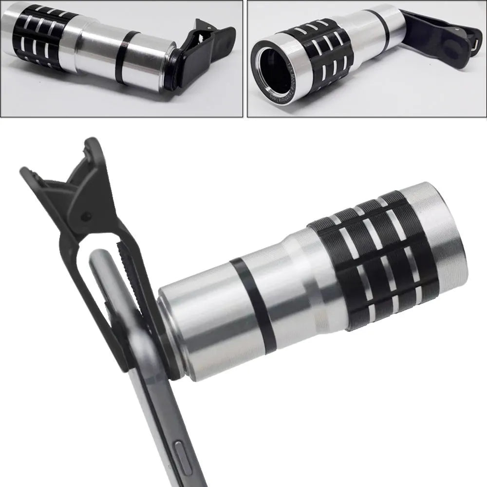 Silver and black telescopic phone lens with a separate metal clip for attachment to a smartphone.