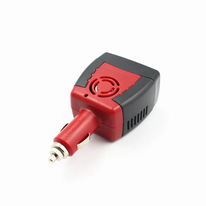 Black and red car power inverter converting 12V to 110V AC with USB output, dimensions 115x65x41mm