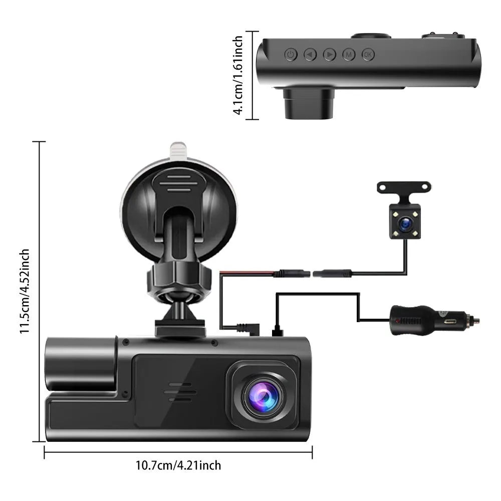 Black WiFi dash cam with 2-inch screen mounted on car windscreen, showing live rear camera view for parking.