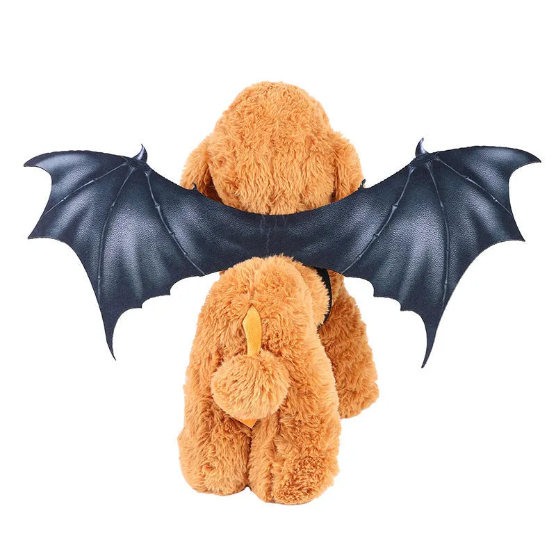 Black cloth bat wings Halloween costume accessory for a dog or cat, showing three size options.