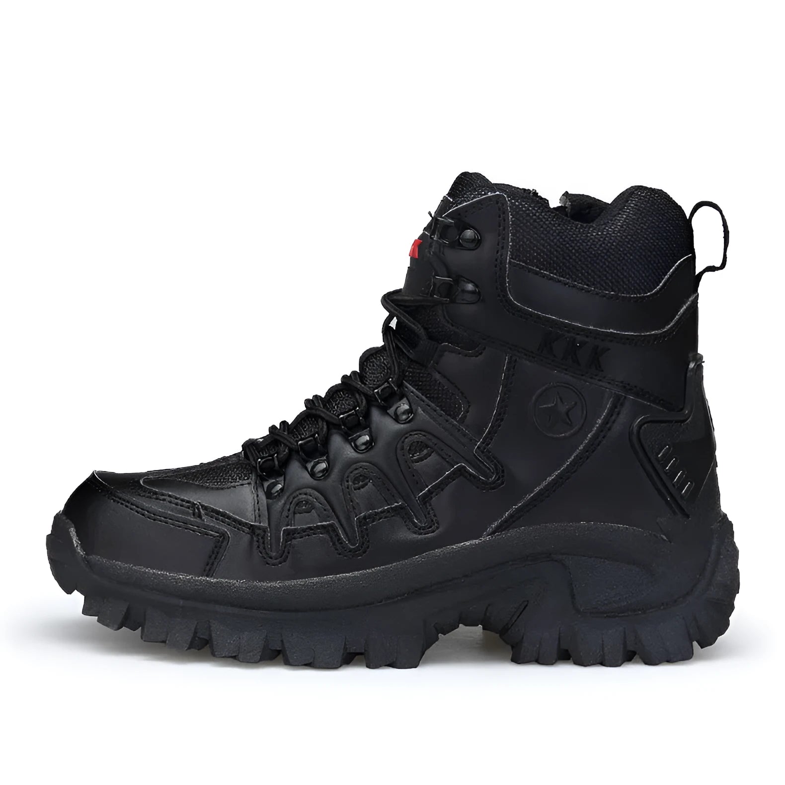 Men's black and sand US Army Delta Tactical Boots with a rubber sole on a rocky outdoor path.