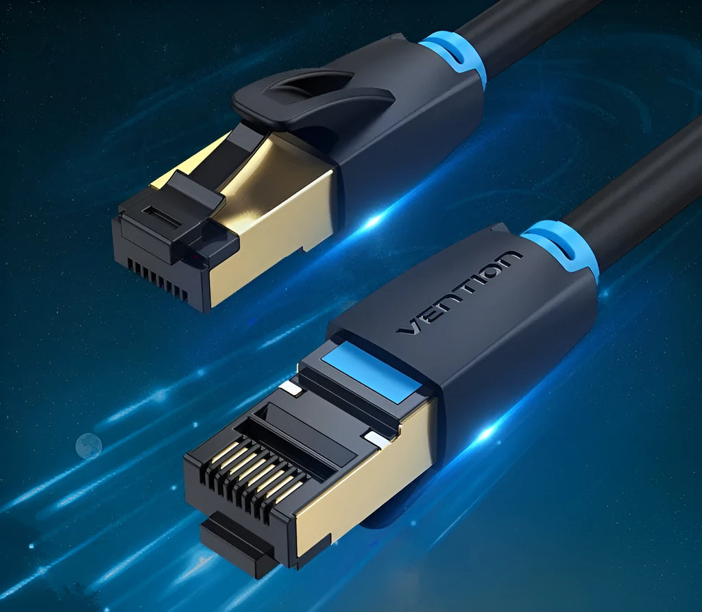 CAT8 Ethernet network patch cable with RJ45 connectors, shown in flat and round style options.
