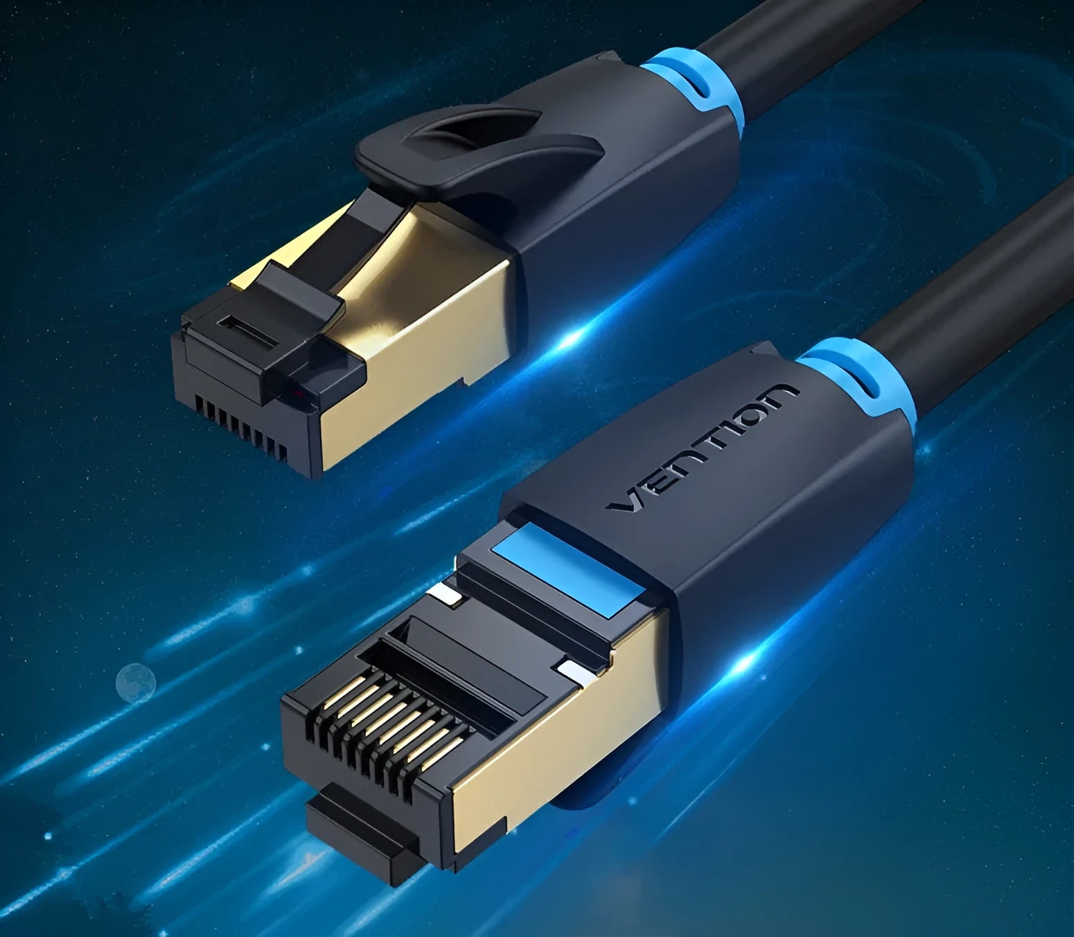 CAT8 Ethernet network patch cable with RJ45 connectors, shown in flat and round style options.