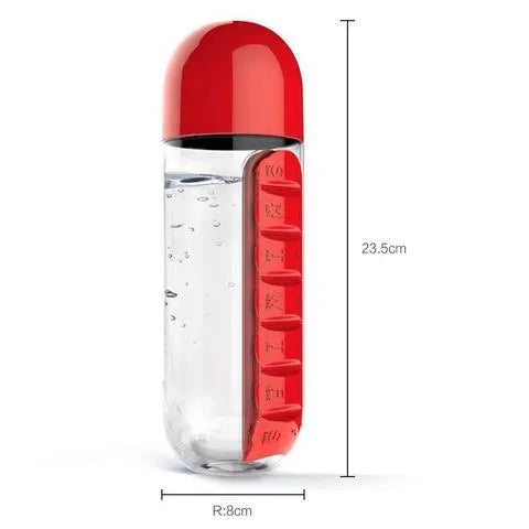 Portable wrist capsule water cup with medicine box, 600ml PC body and PP lid, 23x7.5x7.5cm