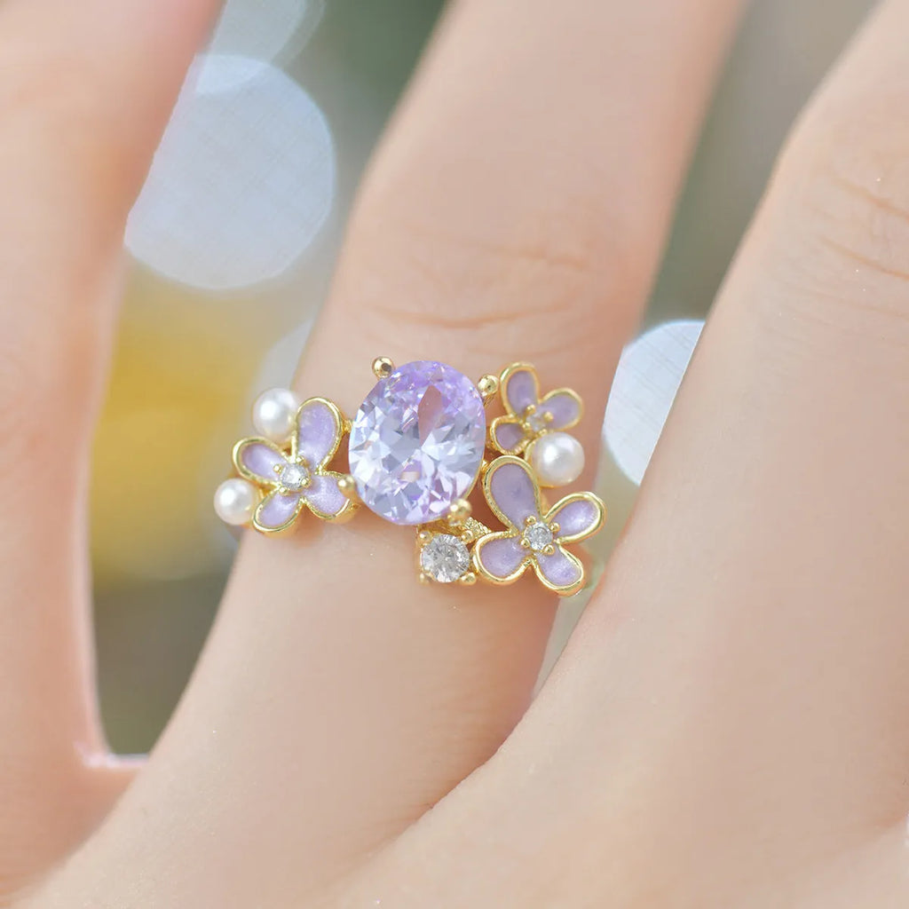 Women's flower pearl zircon open ring in yellow and light purple colours with adjustable metal design