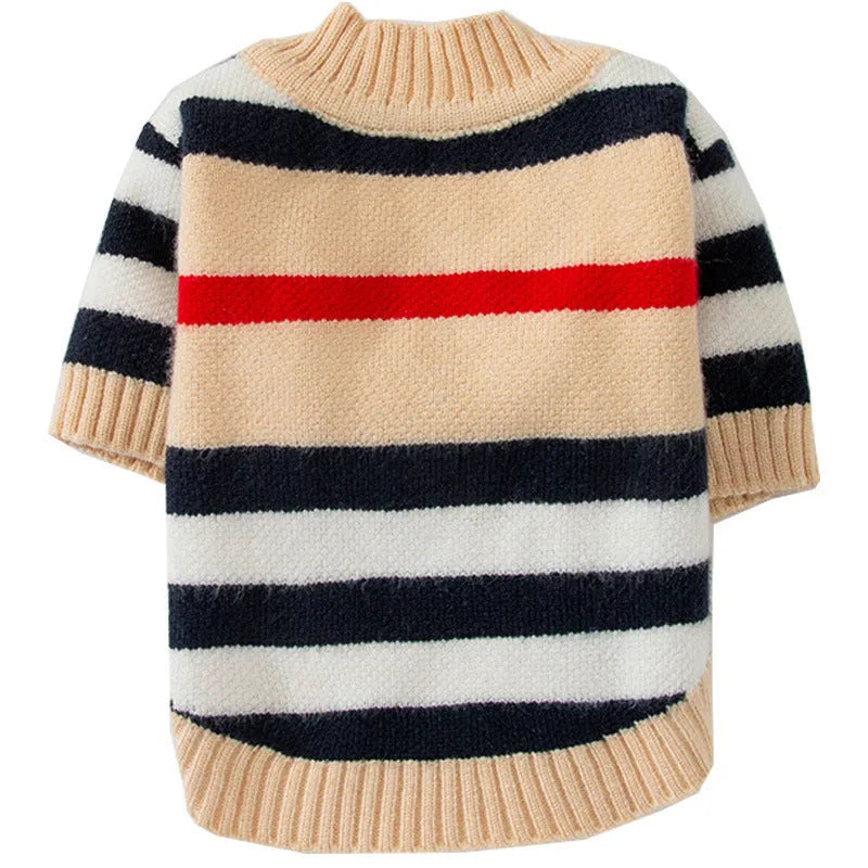 Dog striped knitted sweater cardigan in beige full print bear design on a small dog