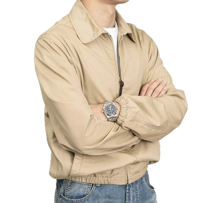 Classic khaki retro cadre collar zip thin jacket for men, loose fit, long sleeves, front view