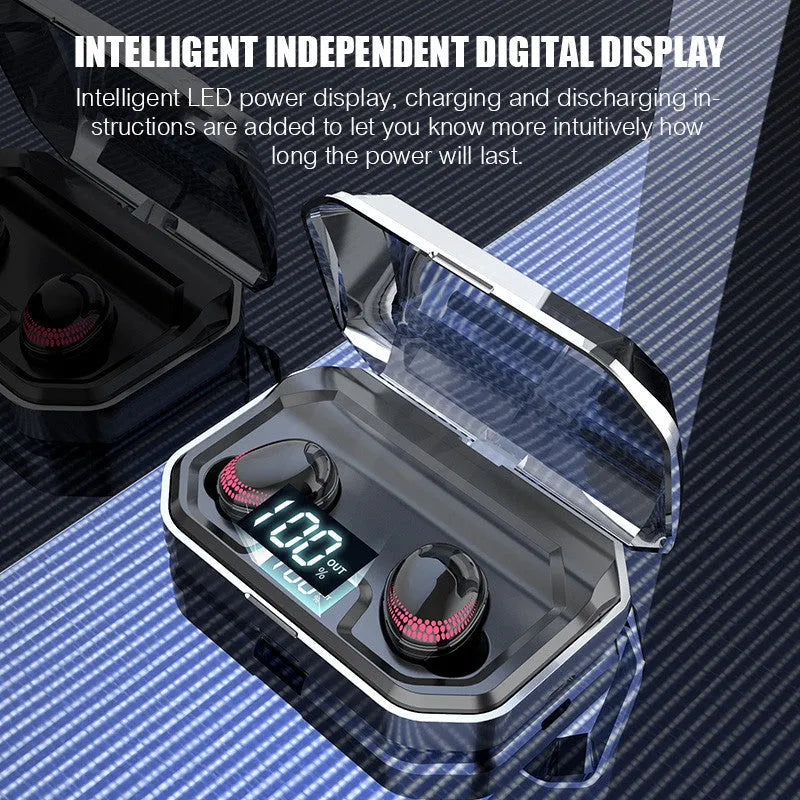 Black Bluetooth headset with charging case showing compact size.