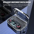 Black Bluetooth headset with charging case showing compact size.
