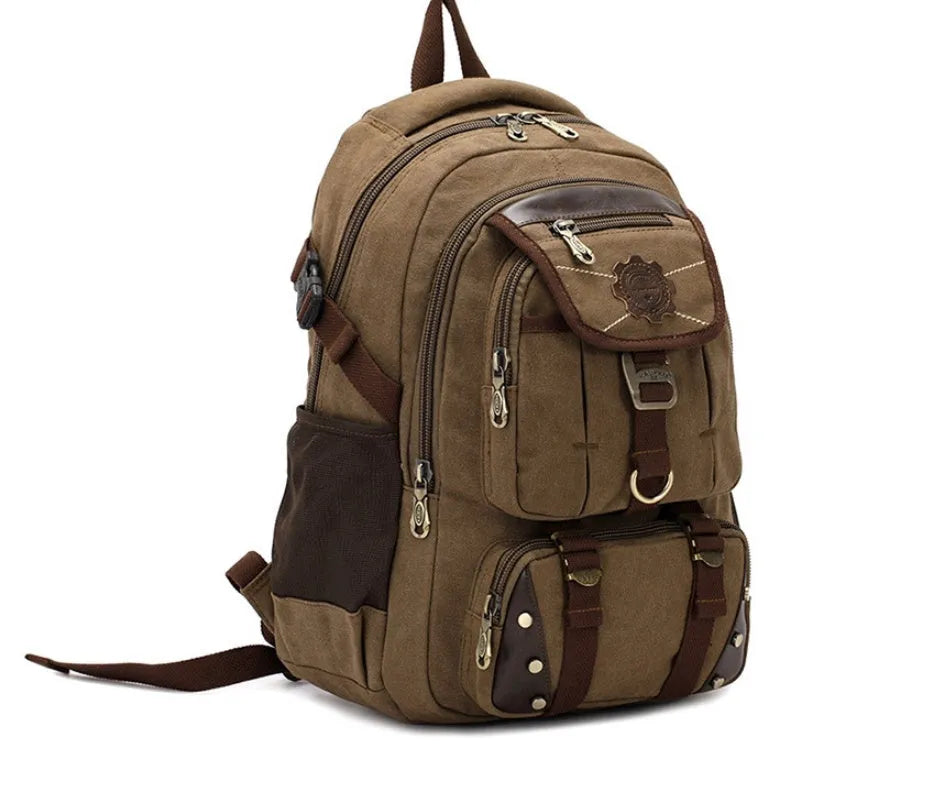 Large canvas travel backpack with air cushion strap in black, 20-35L capacity, front pocket visible