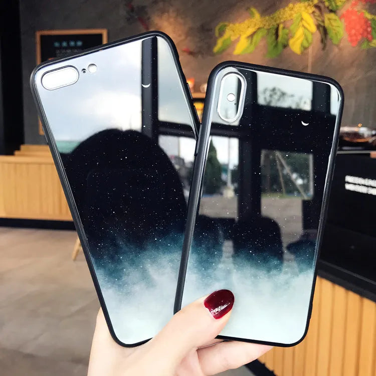 Star Sky tempered glass phone case cover with silicone frame, glossy back, fits iPhone models