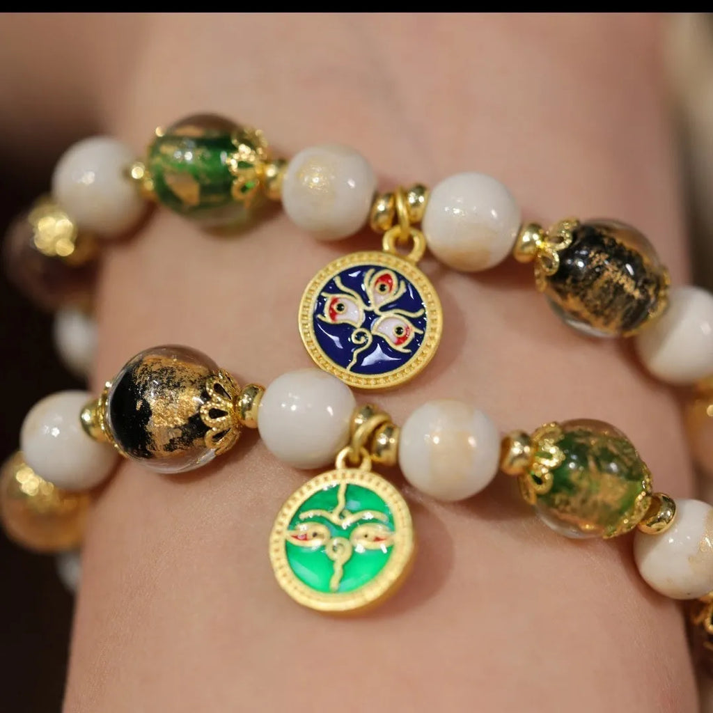 Handmade glazed glass bracelet with Five Gods of Wealth design in 10mm geometry shape.