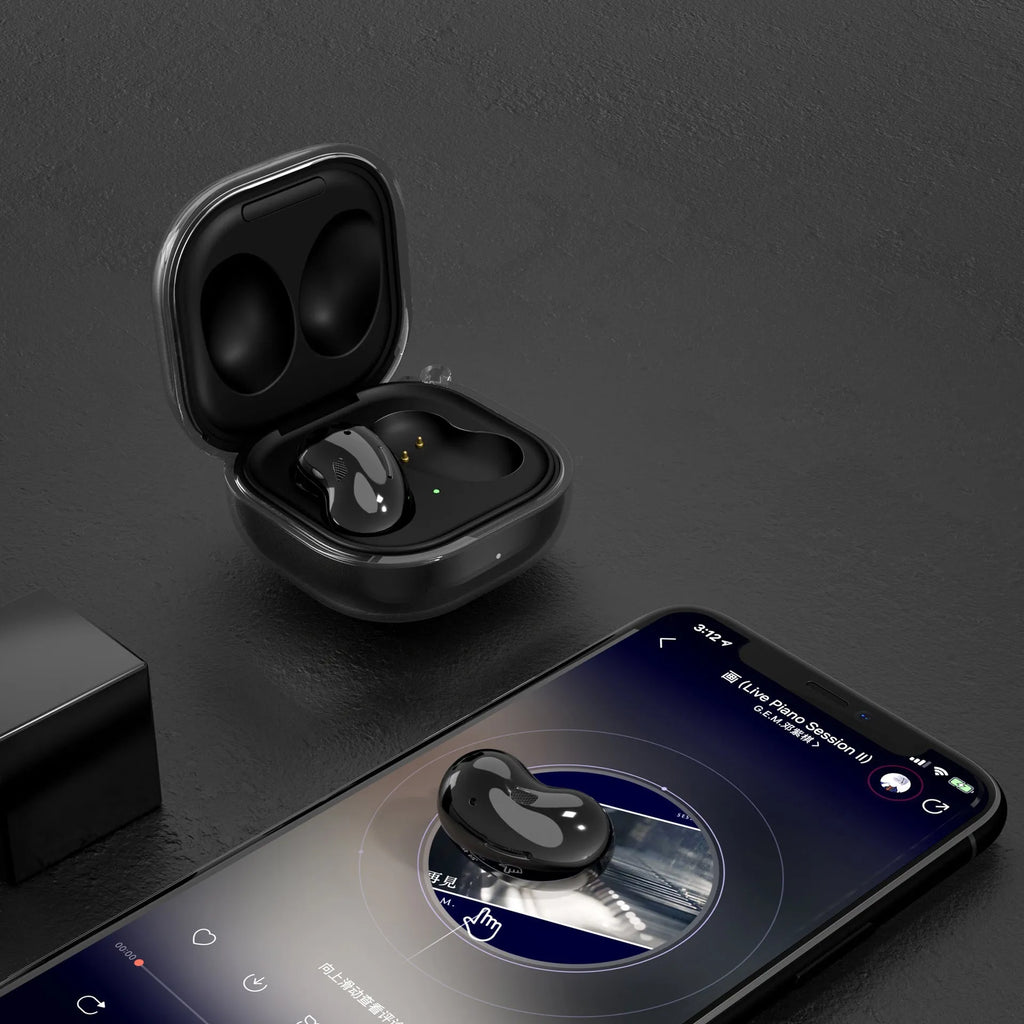 A transparent clamshell-style plastic case for Bluetooth earphones.
