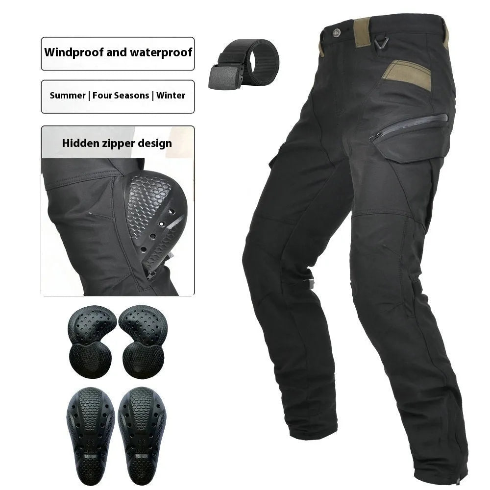 Motorcycle waterproof windproof cycling pants in black and green colours with protective gear and belt