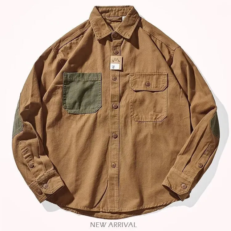 Men's long-sleeved washed cotton-blend shirt in khaki or army green, loose Harajuku retro tooling cardigan style, sizes M-3XL