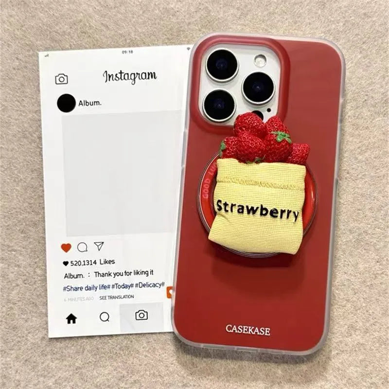 Silicone iPhone case with strawberry magnetic bracket, frosted matte finish, red colour.