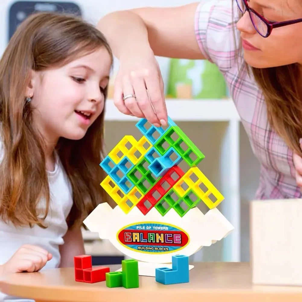 Plastic balance stacking game with coloured blocks, chassis and base for kids and adults