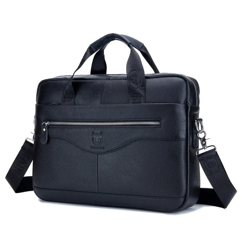 First layer cowhide leather messenger bag 14 inch multifunctional briefcase in black colour with printed casual style