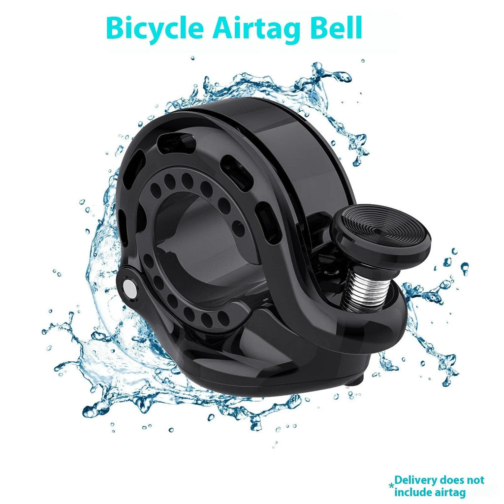 Black aluminium alloy bicycle anti-theft bell with thumb lever on handlebar, showing mounting gaskets and wrench