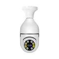 Wireless WiFi security bulb camera with metal base and plastic housing, shown next to its packaging.