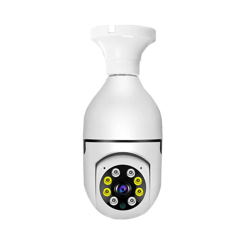 Wireless WiFi security bulb camera with metal base and plastic housing, shown next to its packaging.