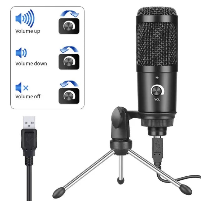 Black USB condenser microphone with integrated volume knob for laptop recording