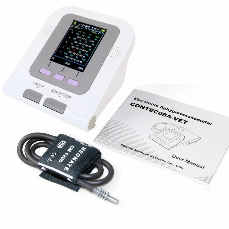 CONTEC08A veterinary digital blood pressure monitor with colour screen and three animal cuff sizes.