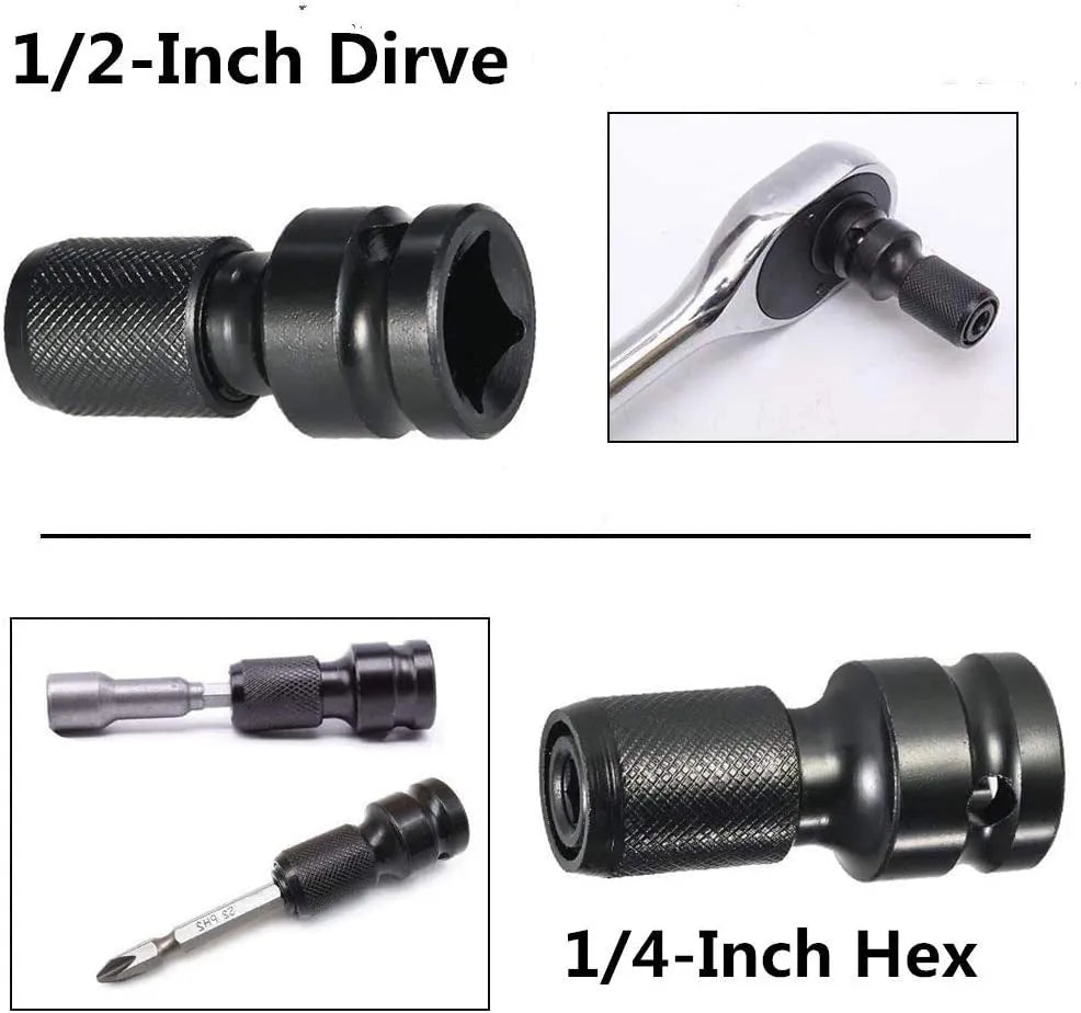Electric wrench telescopic bit holder with hexagonal handle showing scaling from 1/2 inch to 1/4 inch