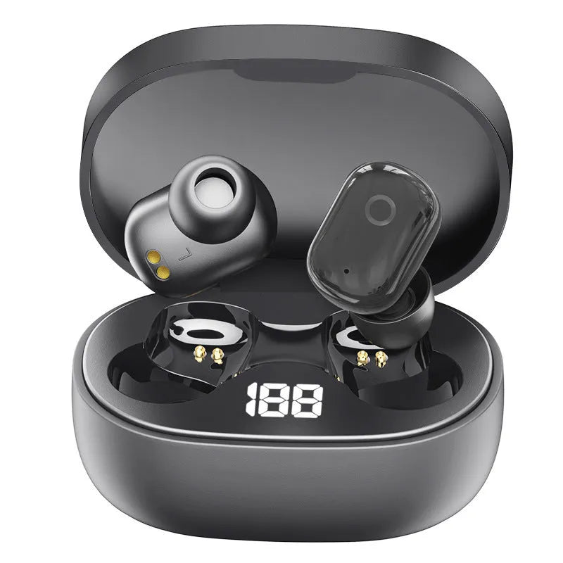 Bluetooth headset with charging box showing true power display window, available in black and white