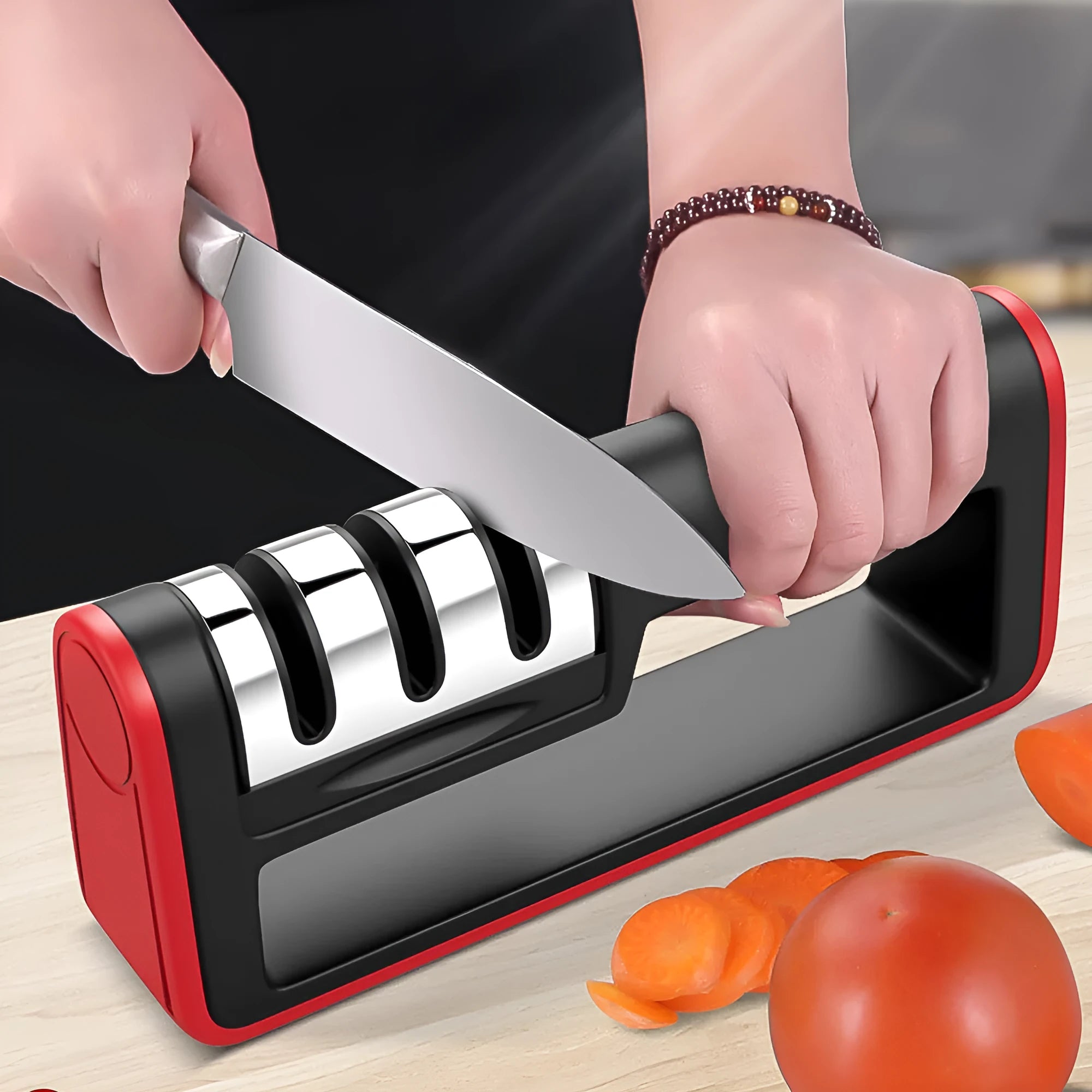 Professional black and red 3-stage knife sharpener with non-skid rubber feet