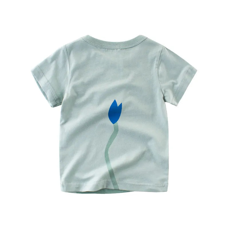 Children's organic cotton t-shirt with animal print in green lion, grey giraffe, or khaki elephant design