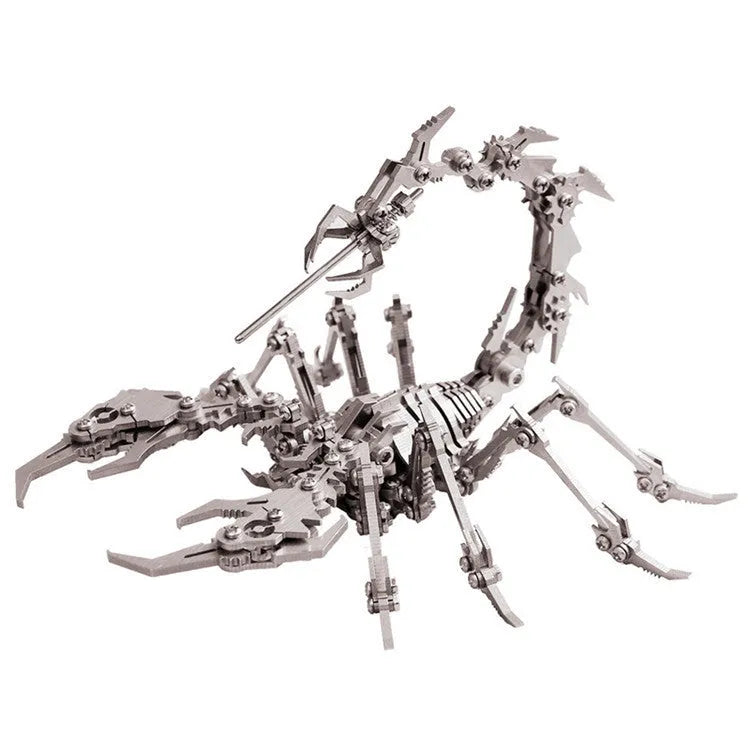 Blue Magic metal scorpion 3D puzzle model assembled on table next to colour box packaging