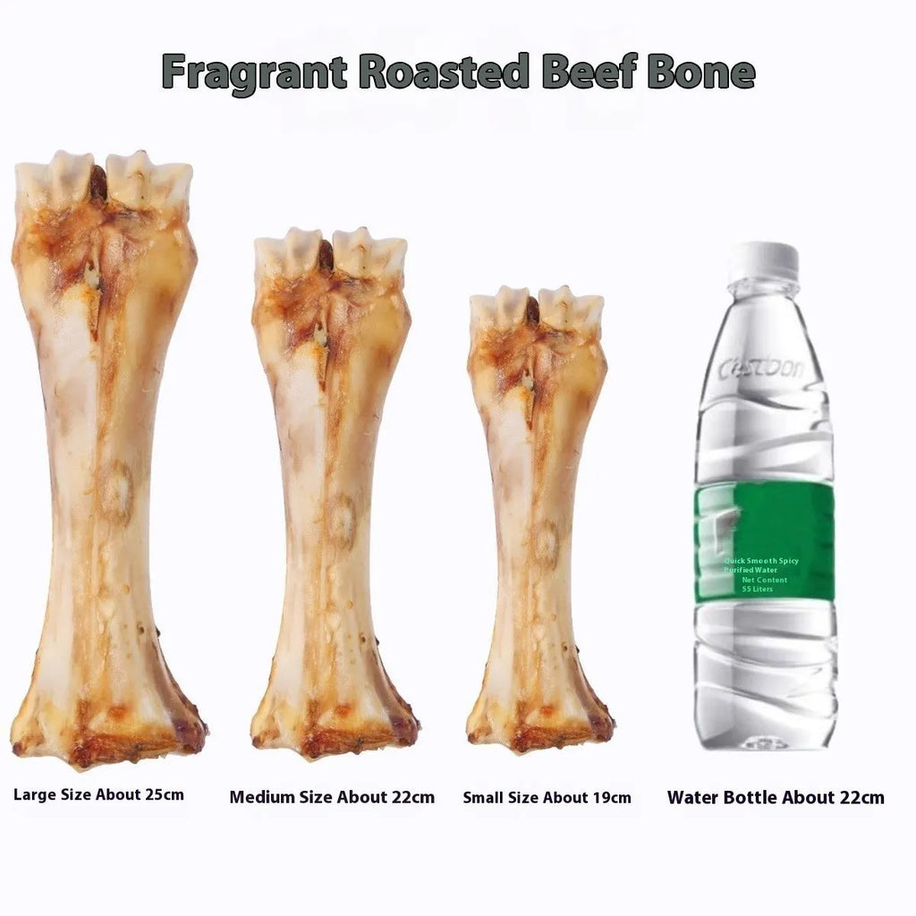 A high calcium and roasted ox bone flavour molar rod chew toy for dogs, shown in large, medium, and small sizes.