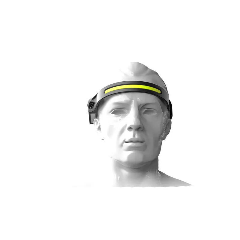 Black silicone USB rechargeable LED headlamp with a wide front light and a side wave sensor for touchless control.