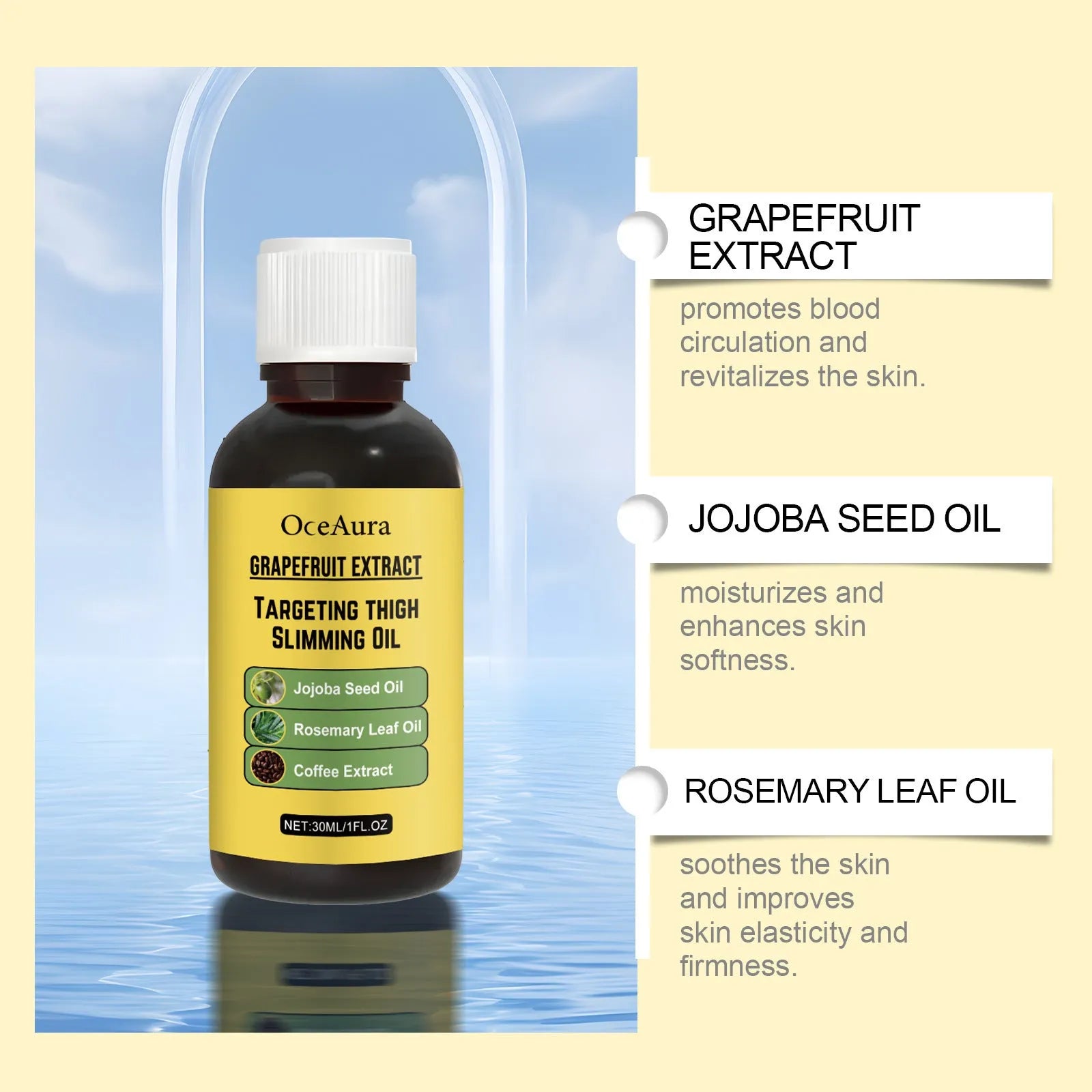 30ml bottle of body treatment oil with grapefruit extract for skin nourishment and lifting