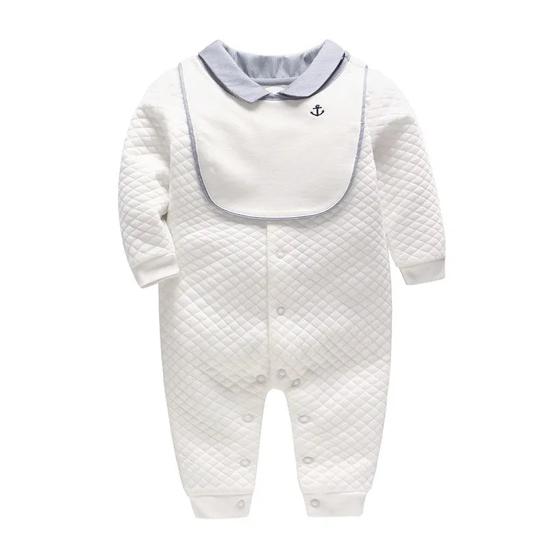 White long sleeve cotton baby romper for boys in sizes from 59cm to 90cm.
