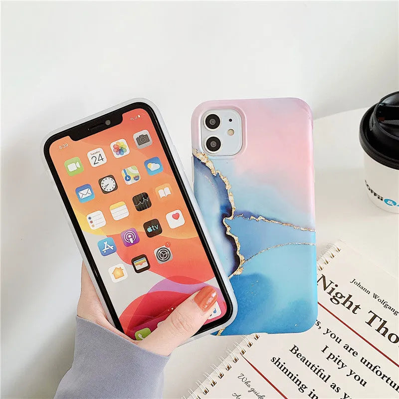 Marble pattern iPhone case with cartoon elements in multiple colour options for 11, 12, X, 7/8 models