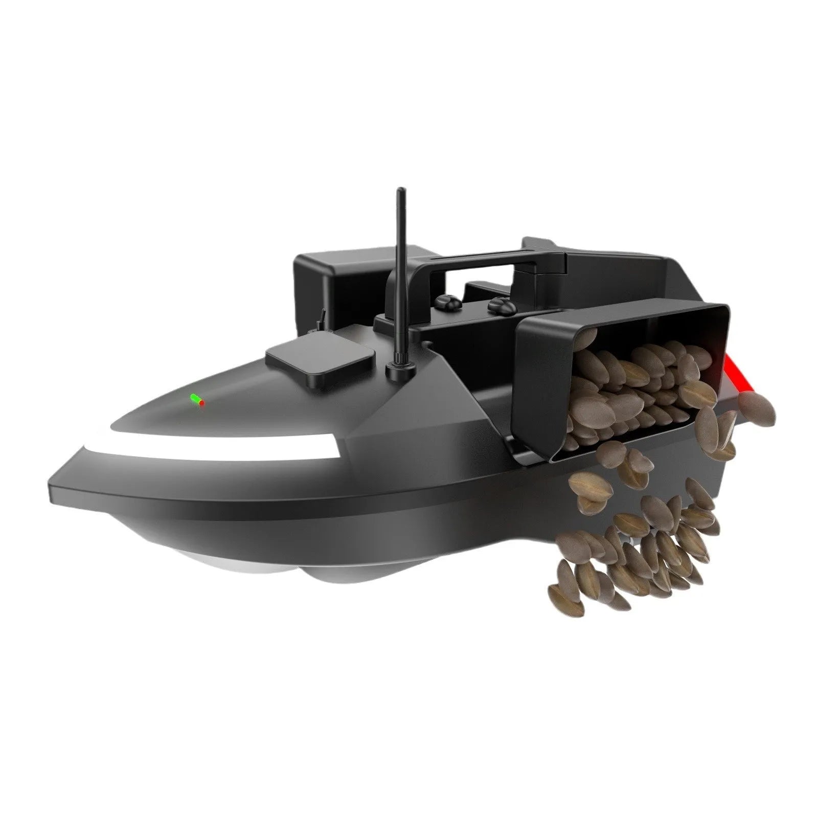 V020 GPS remote control fishing boat with LED lights on water, showing handbag and remote.