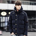 Men's hooded padded corduroy coat in khaki, navy blue or army green with zip front and side seam pockets