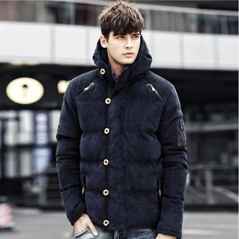 Men's hooded padded corduroy coat in khaki, navy blue or army green with zip front and side seam pockets