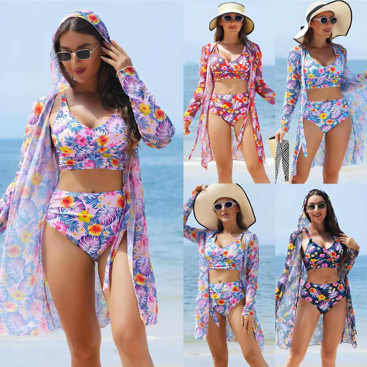 Multicolor printed bikini three piece swimsuit for women, top, pants, and coat, polyester fabric pattern 1.