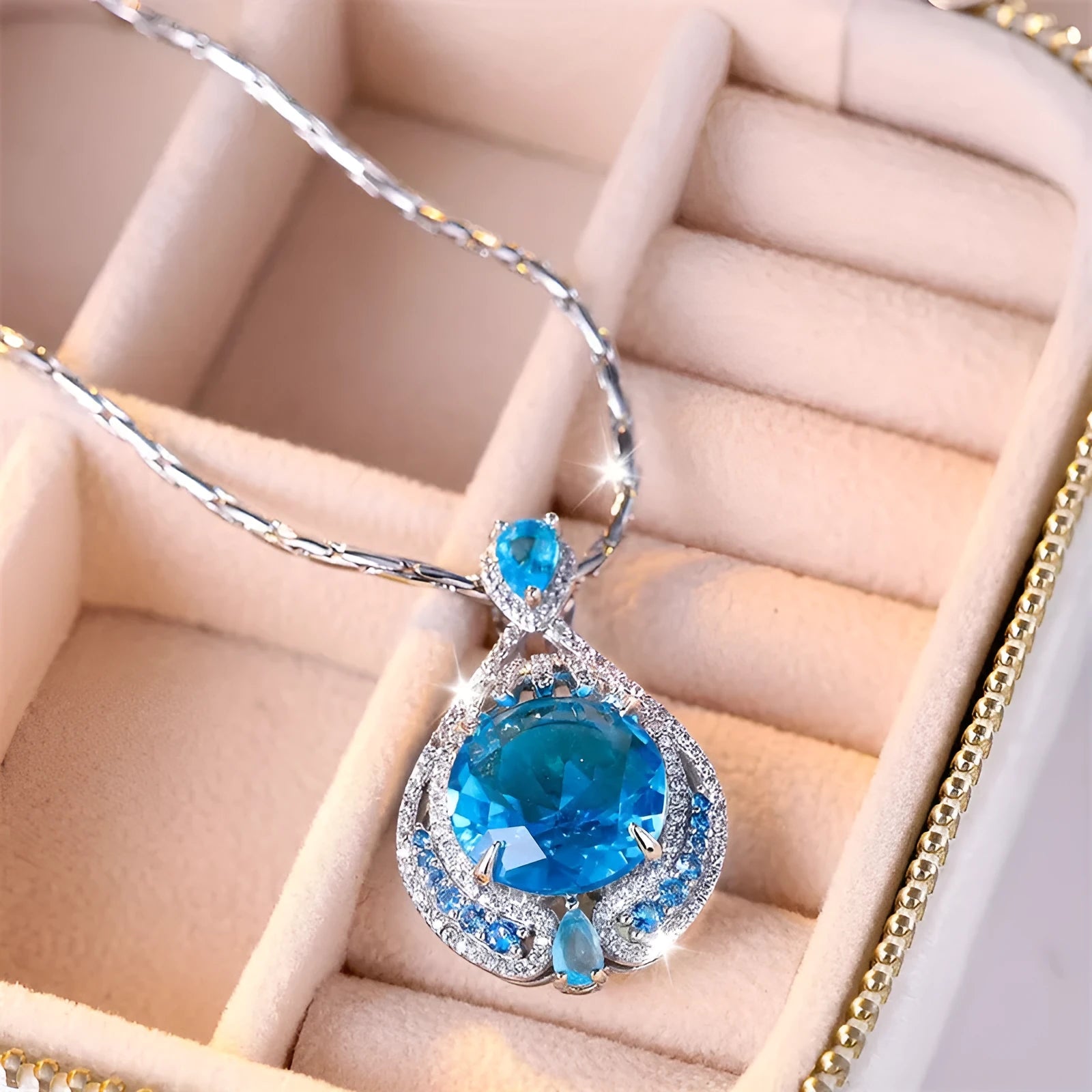 Blue fireworks cut gemstone geometric pendant necklace with water wave chain