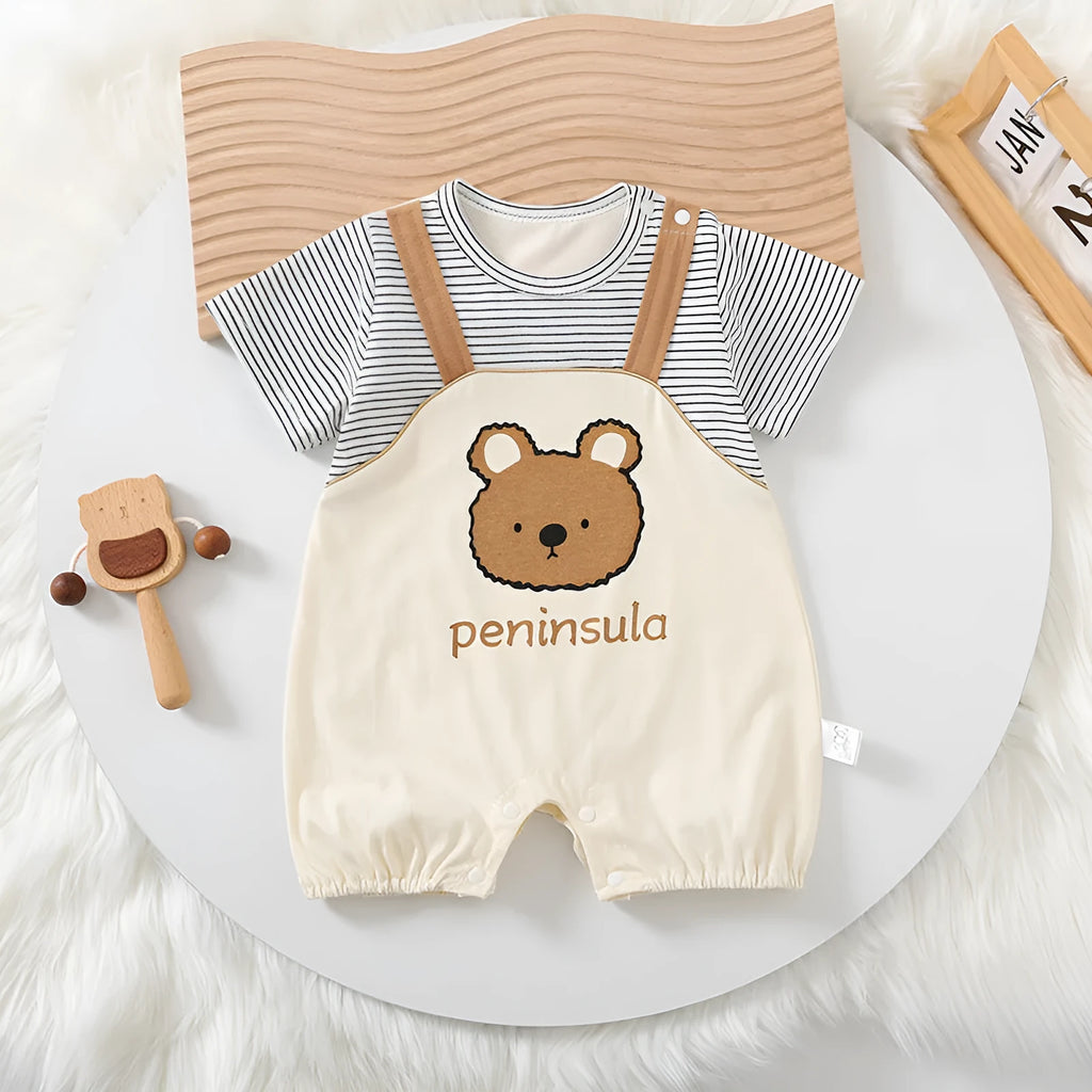 Cartoon bear print baby short sleeve cotton romper suit for summer.