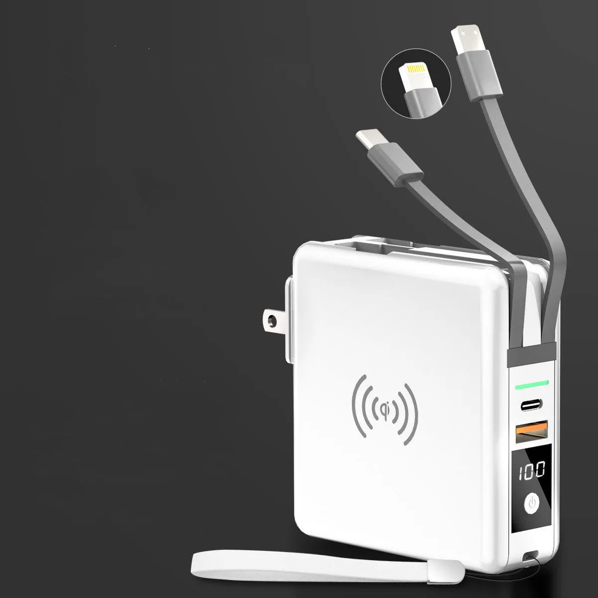 Super QI Power Bank with folding international plug in black, showing wireless charging surface and USB-C port.